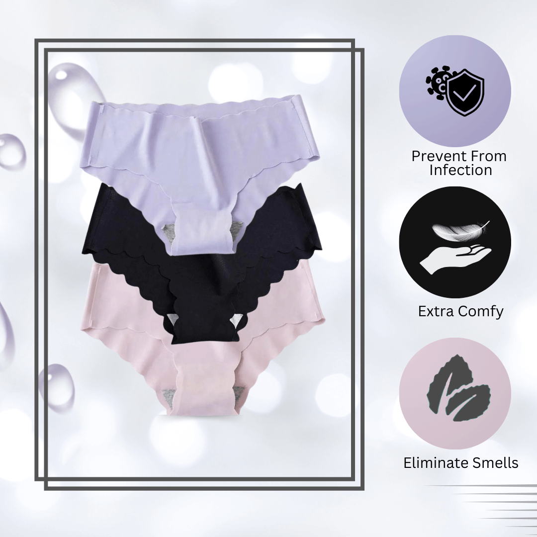 Seamless Scallop Trim Panty Pack of 3 (Black, Purple, Skin)