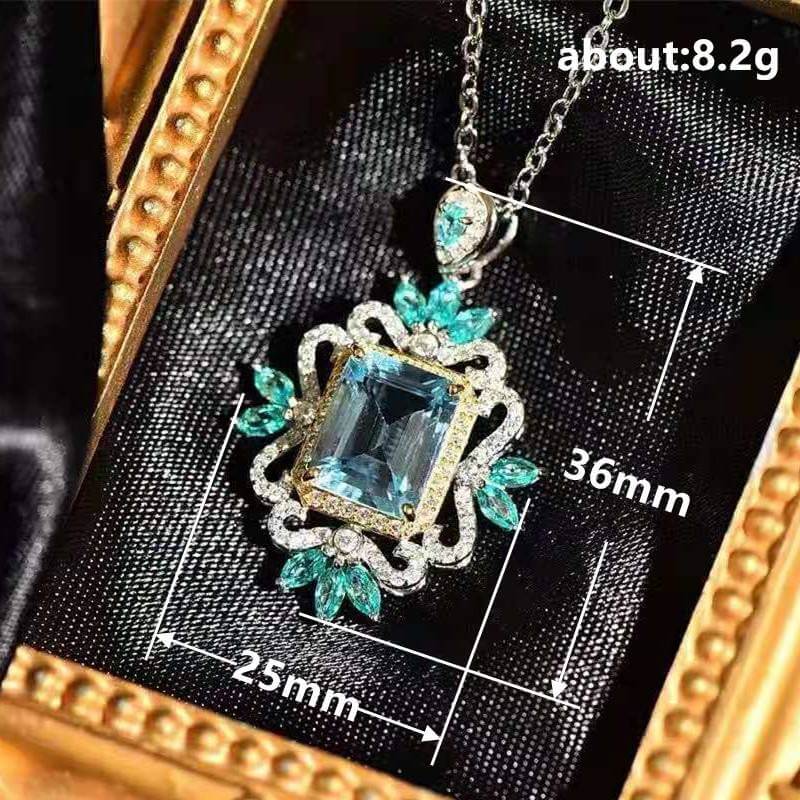 925 Silver Plated Sea Blue Crystal Zircon Flower Necklace
