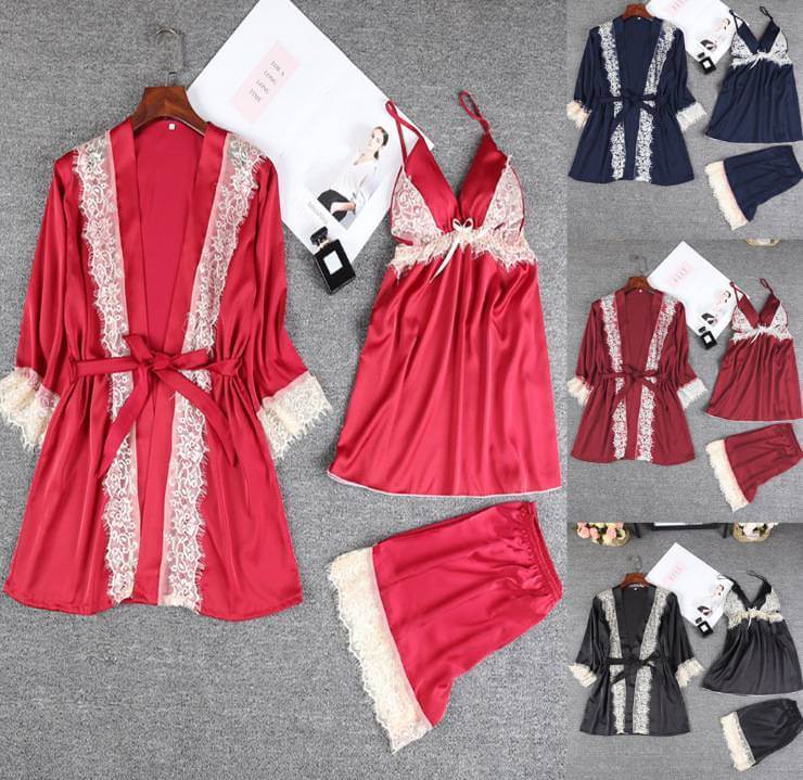 Bridal Silk Gown 3 Piece Set - Burgundy