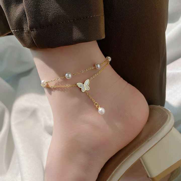Double-layer Pearl Butterfly Anklet