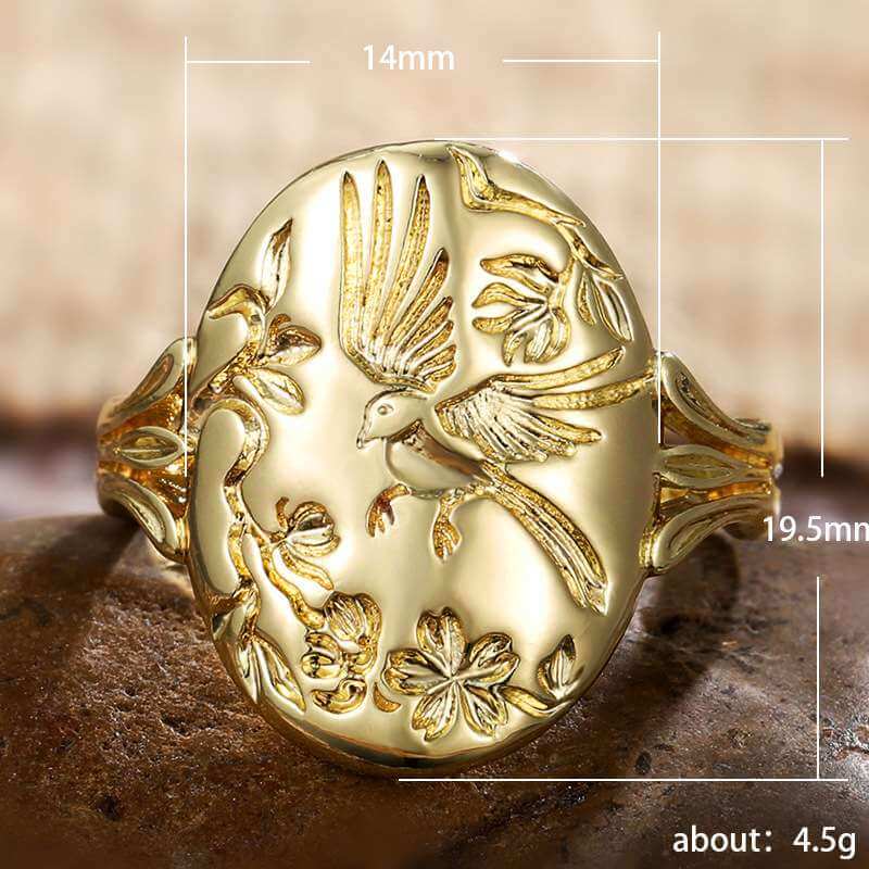 Lady Birds Tree Carved Wide Gold Retro Rings