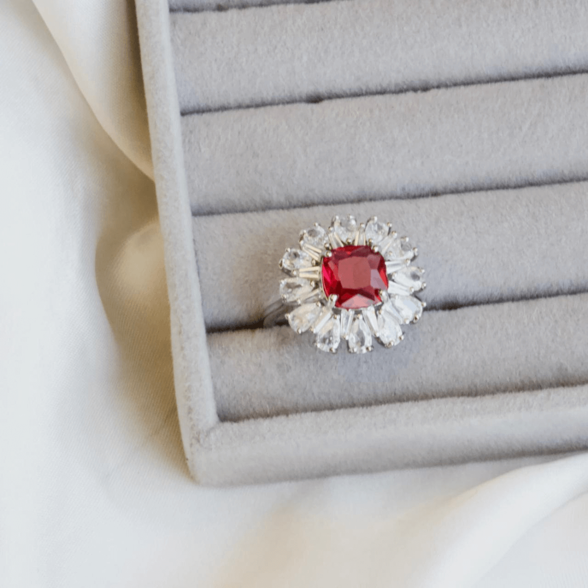 Sparkle Cushion Ruby Stone Silver Rings