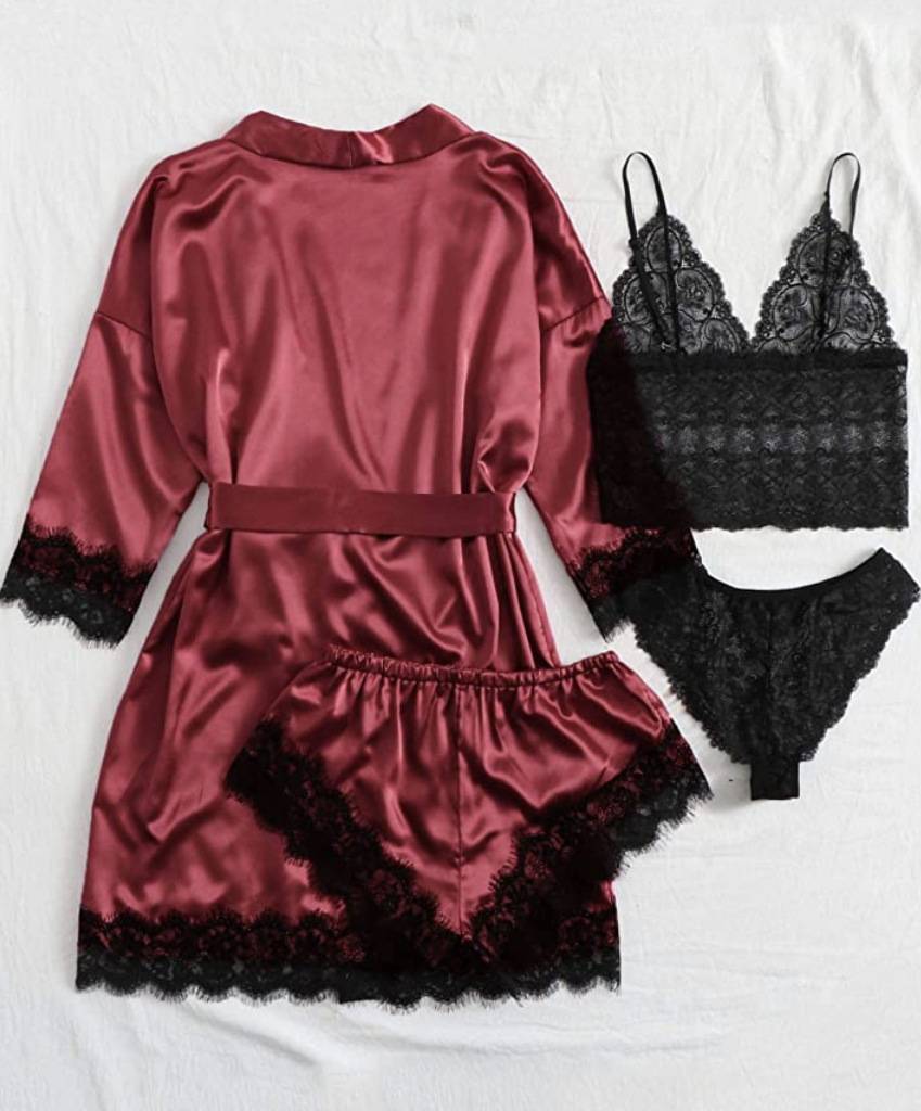 Bridal Silk 4 Piece Night Gown Set - Red