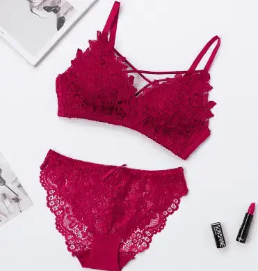 Lace Wire Free Bra & Panty Set - Red