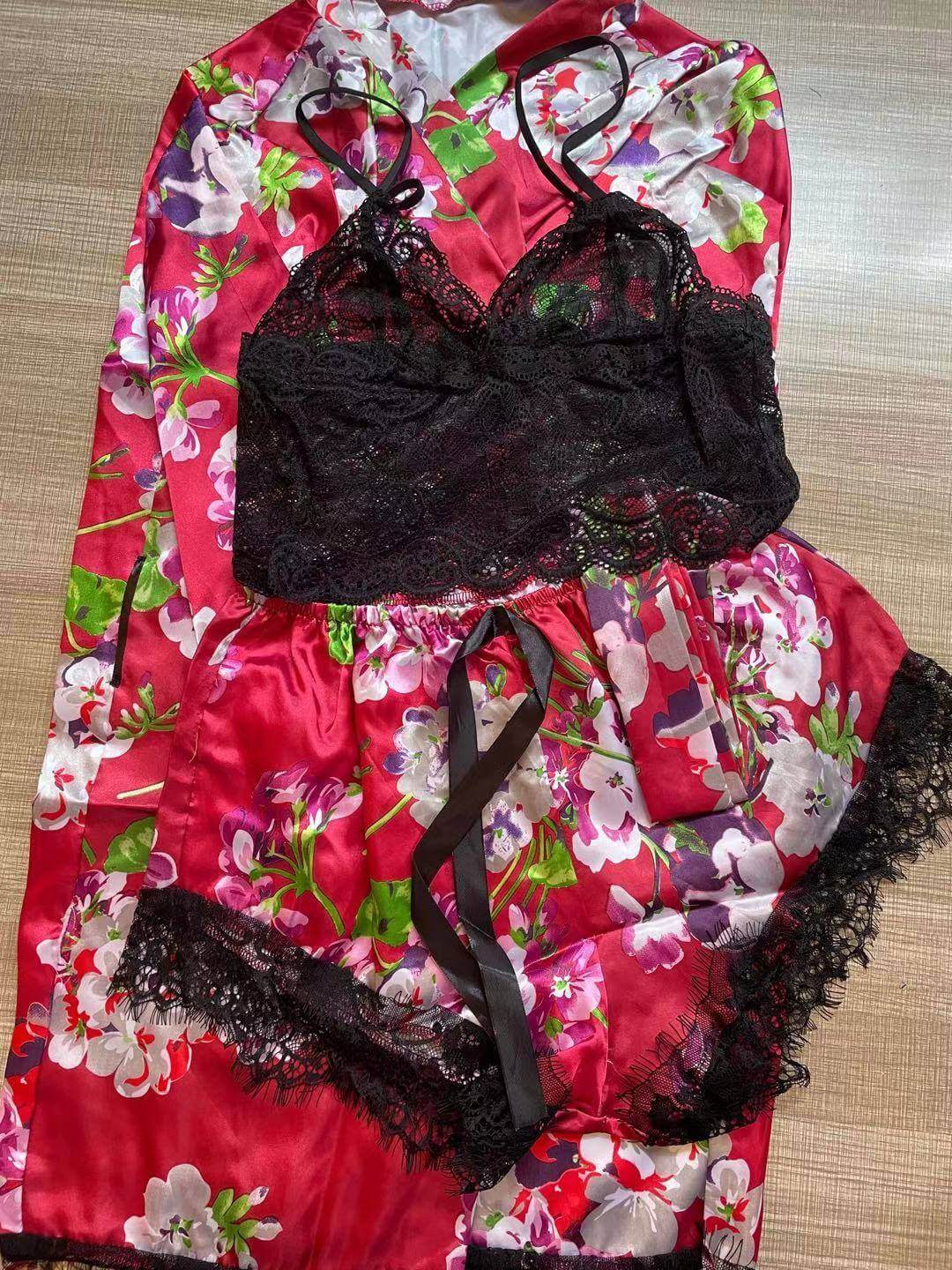 Silk Floral Gown 3 Piece Set - Red