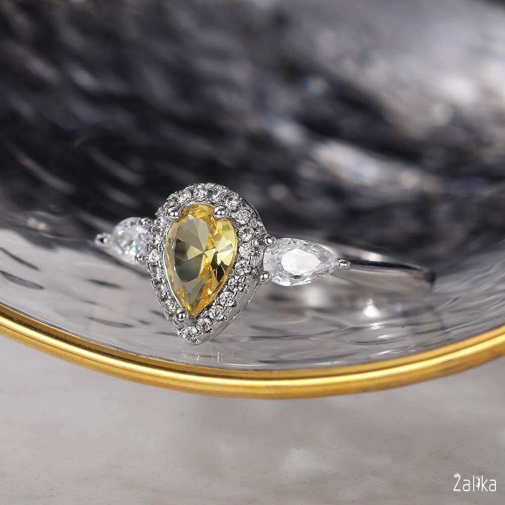 Royal Yellow Pear Water Drop Shiny Zircon Ring
