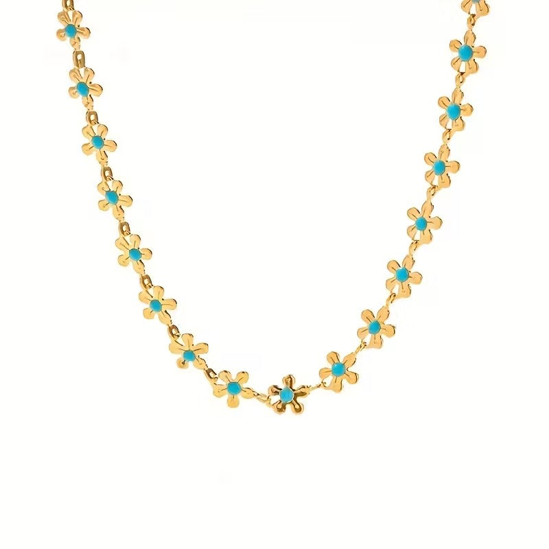 Elegant Blue Enamel Flower e Necklace