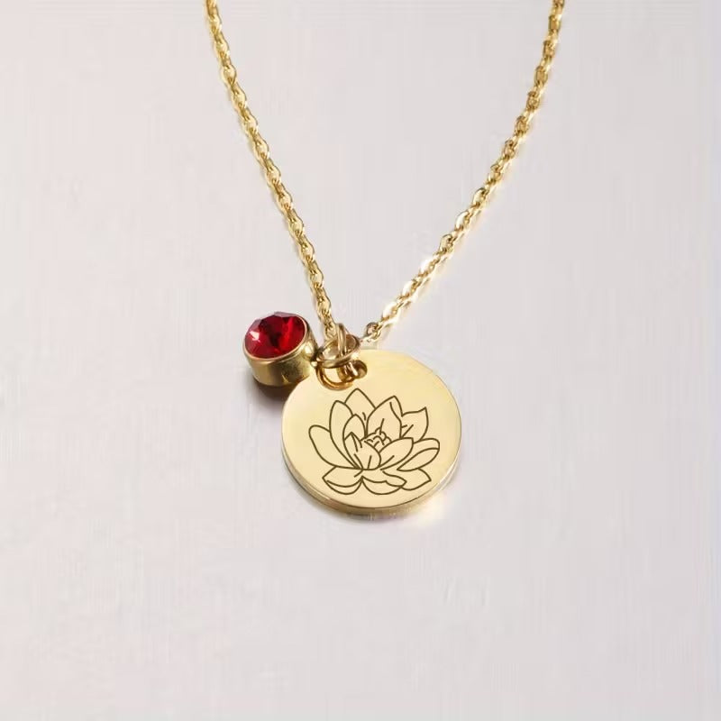Stainless Steel Floral Pendant with Birthstone Charm