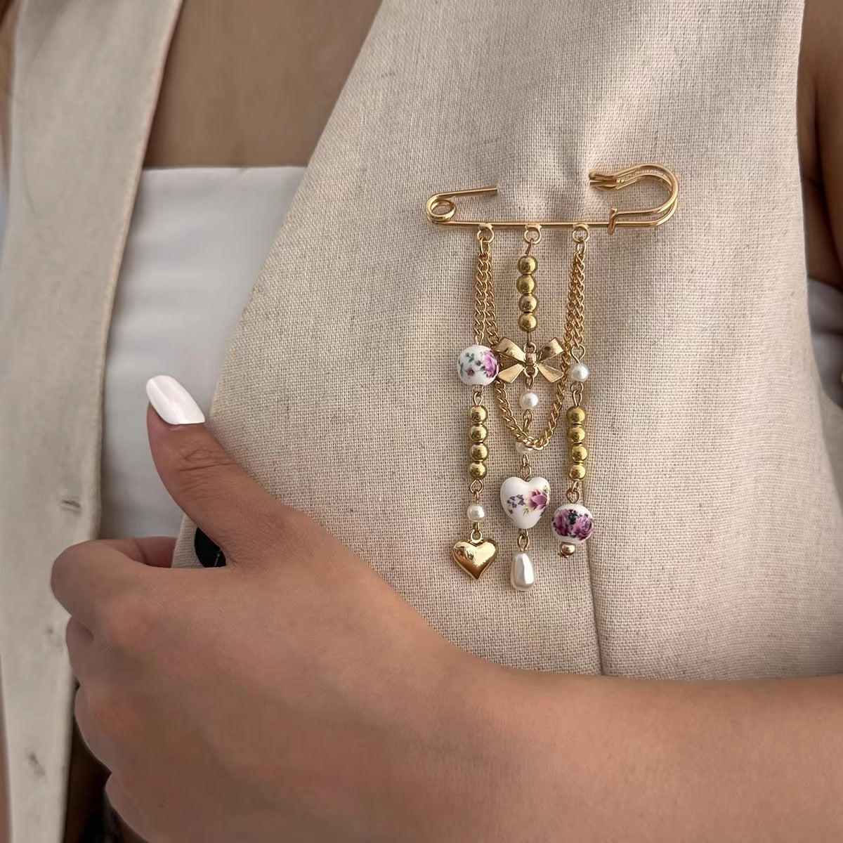 Sweet Beaded Bow Tassel Brooch