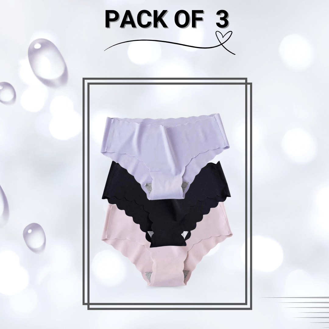 Seamless Scallop Trim Panty Pack of 3 (Black, Purple, Skin)