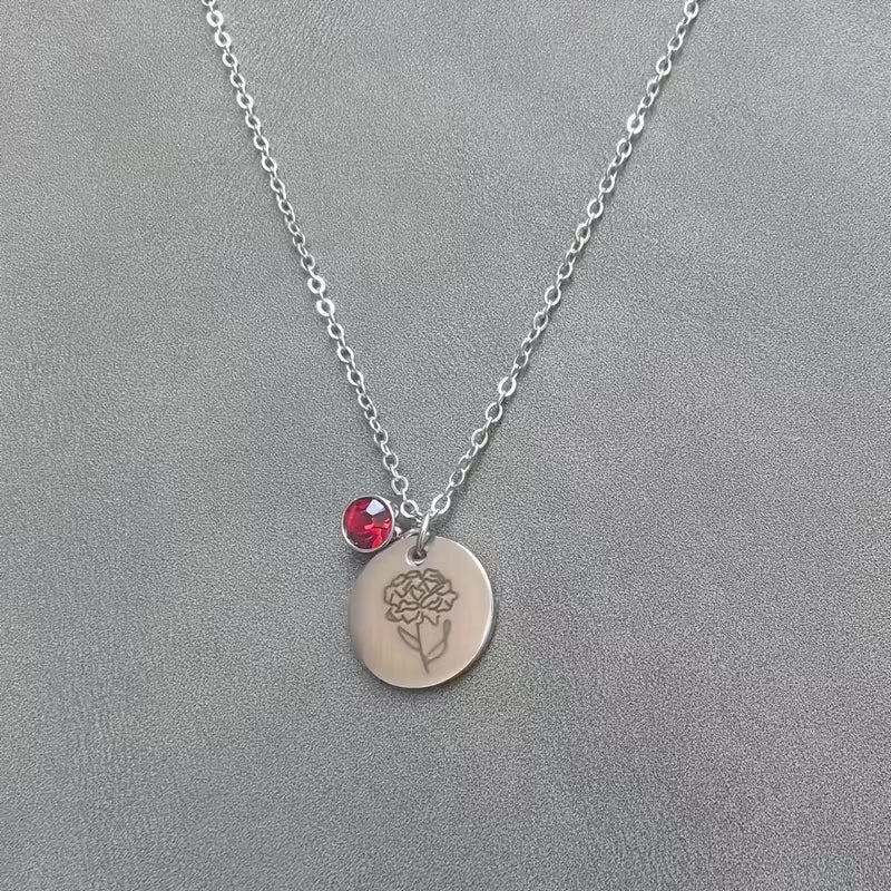 Stainless Steel Floral Pendant with Birthstone Charm