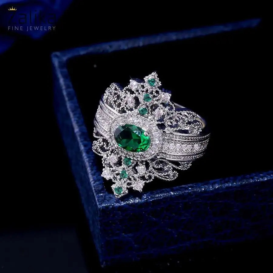 Silver Plated Vintage Emerald Green Color Zircon Ring