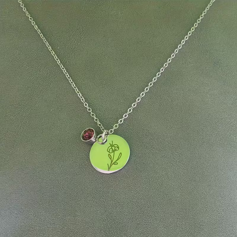 Stainless Steel Floral Pendant with Birthstone Charm