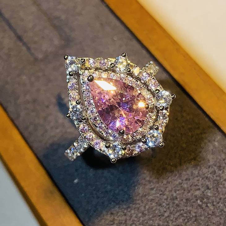 925 Silver Pink Stone Shiny Pear Cut Ring