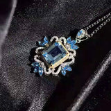 925 Silver Plated Sea Blue Crystal Zircon Flower Necklace
