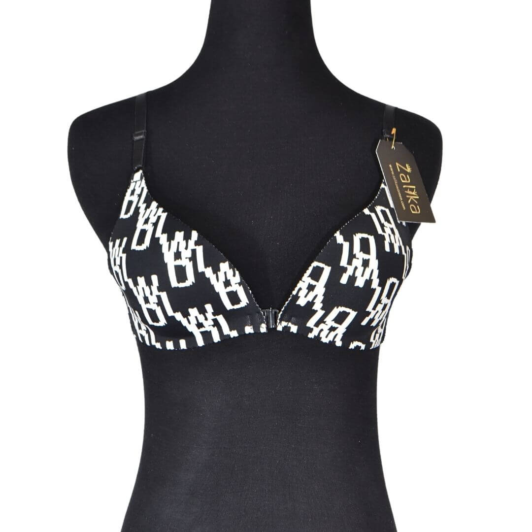 Front open black & white latters bra