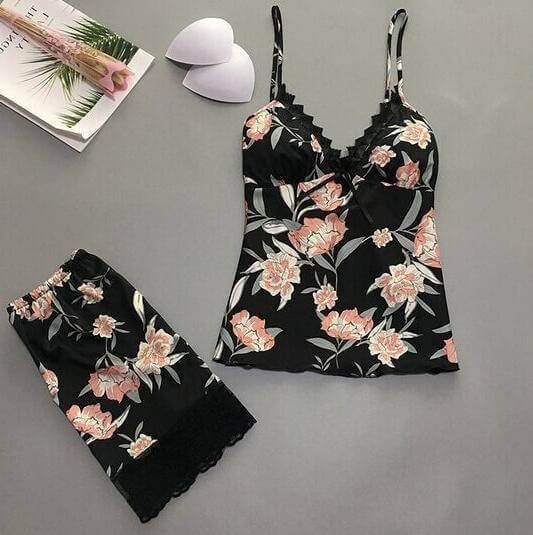 Silk Floral 2 Piece Net Wear - Black