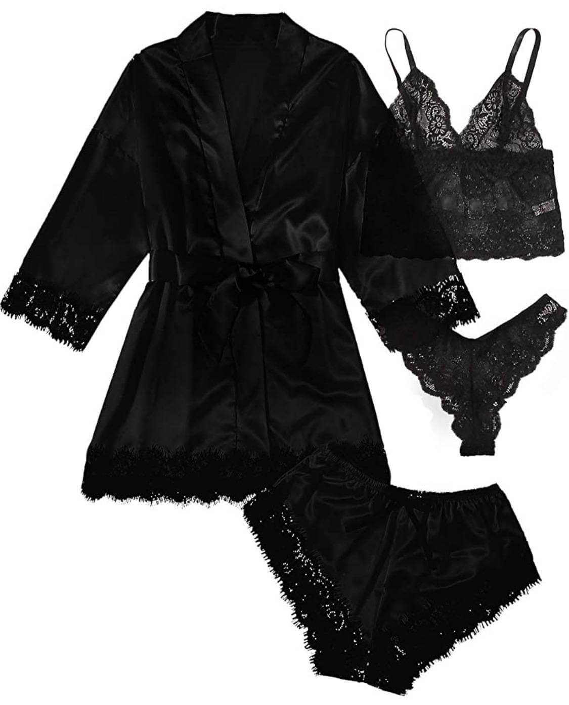 Bridal Silk 4 Piece Night Gown Set - Black