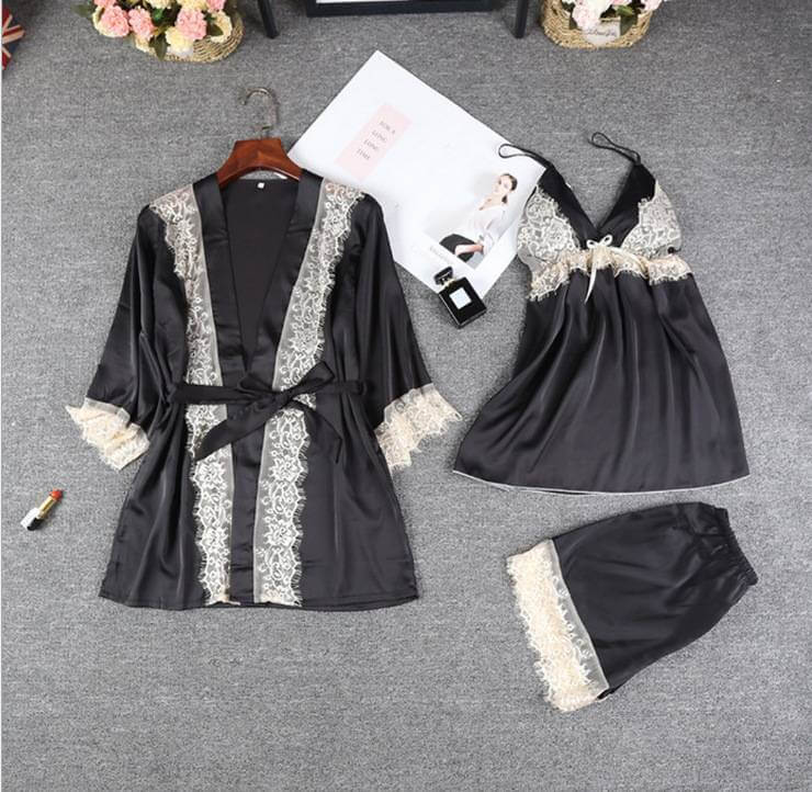 Bridal Silk Gown 3 Piece Set - Black