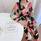 Floral Ladies Pajama Set - Black with Orange Flower