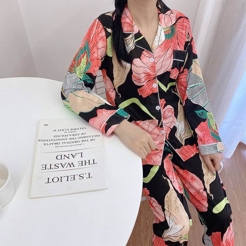 Floral Ladies Pajama Set - Black with Orange Flower