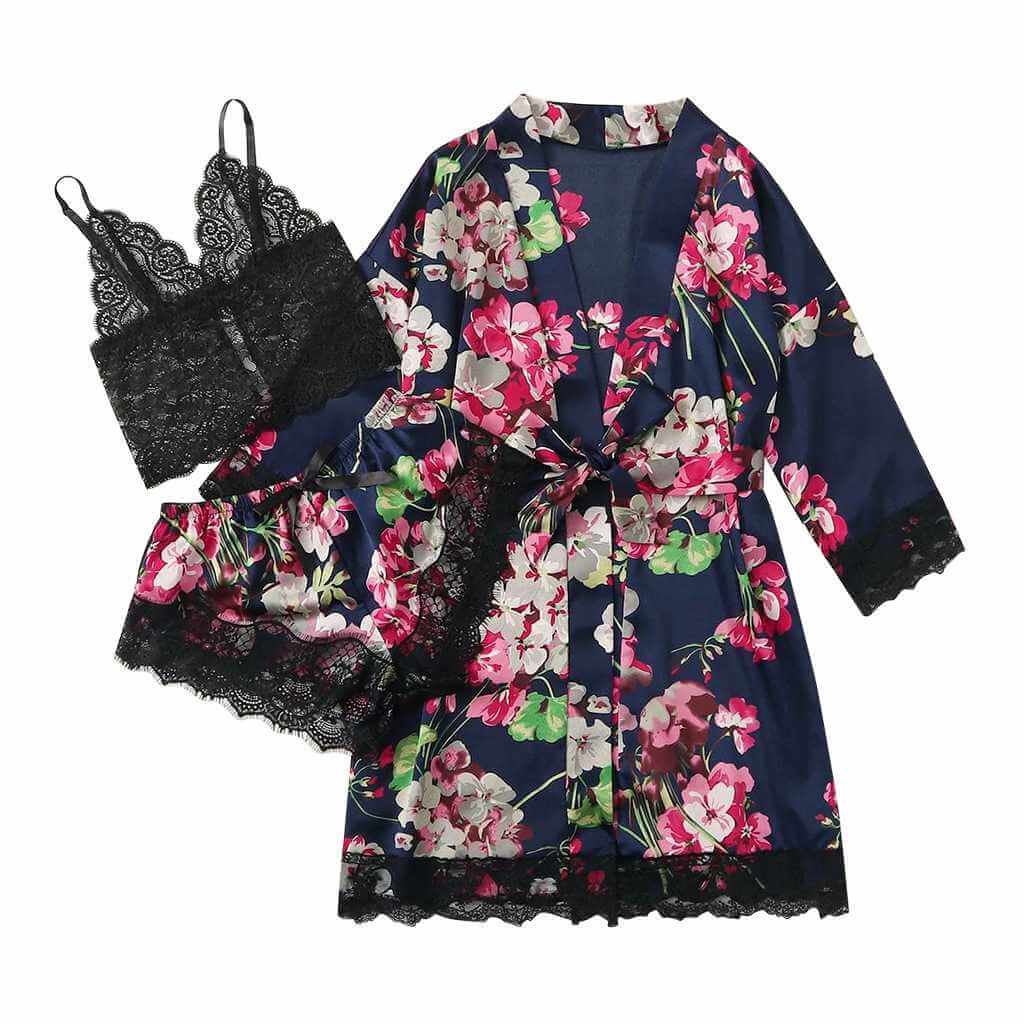 Silk Floral Gown 3 Piece Set - Blue