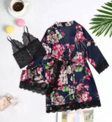 Silk Floral Gown 3 Piece Set - Blue