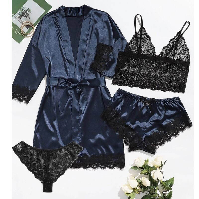 Bridal Silk 4 Piece Night Gown Set - Blue