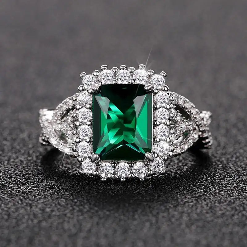 Green Emerald Cut Gemstone Ring