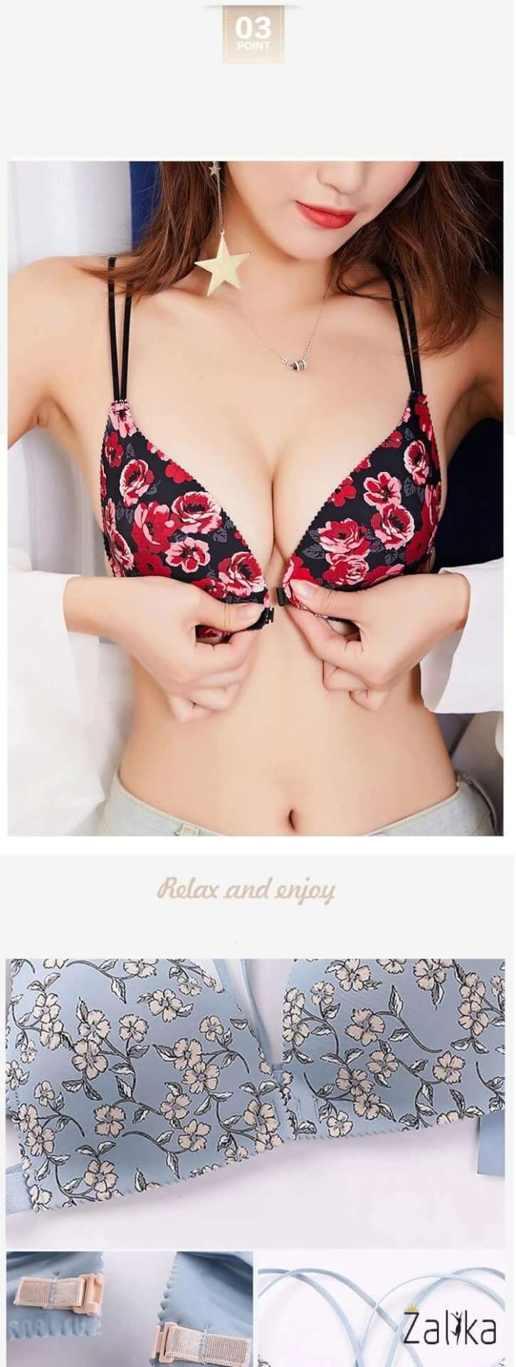Front Buckle Seamless Red Flower Bra