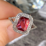 Red Radiant Cut Silver Luxury Ring