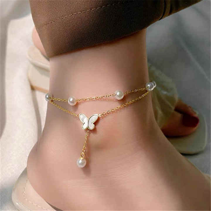 Double-layer Pearl Butterfly Anklet