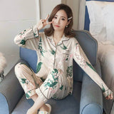 Floral Ladies Pajama Set - Light Green with Pink Flower