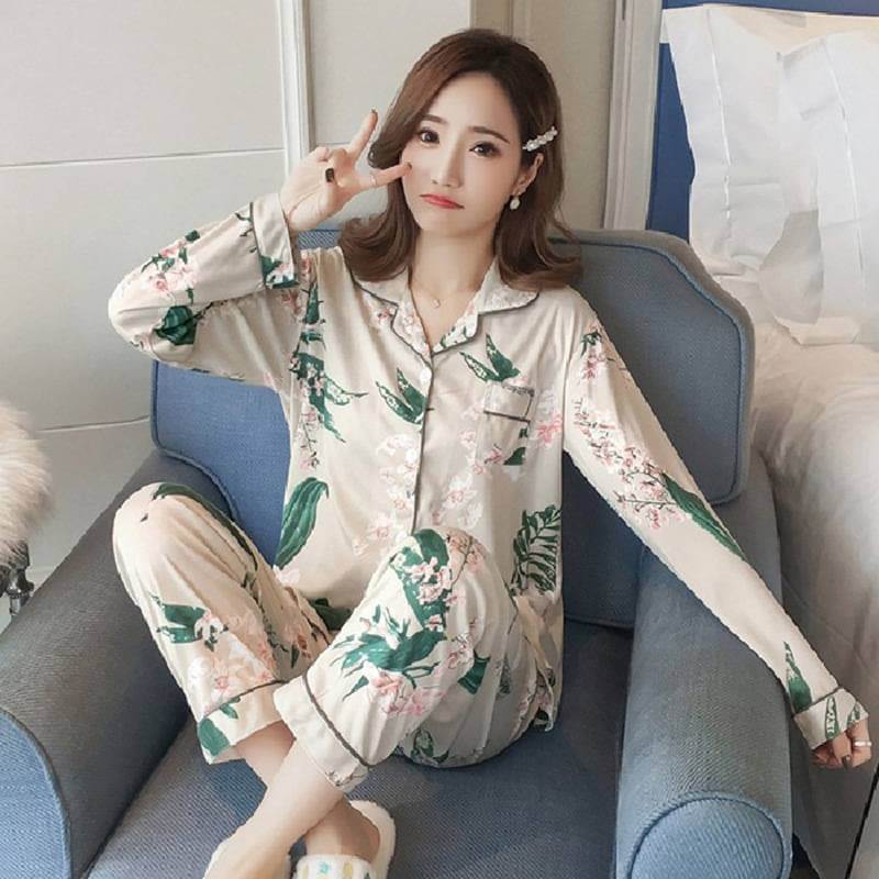 Floral Ladies Pajama Set - Light Green with Pink Flower