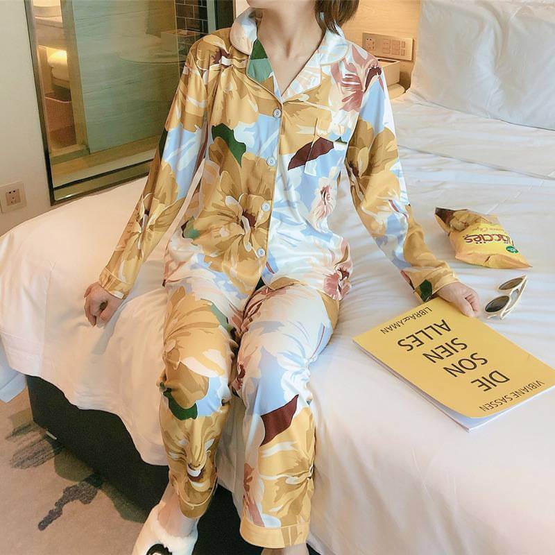 Floral Ladies Pajama Set - Mustard