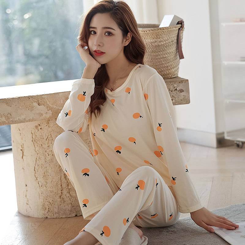 Comfortable Cotton Pajama Set - Orange Print
