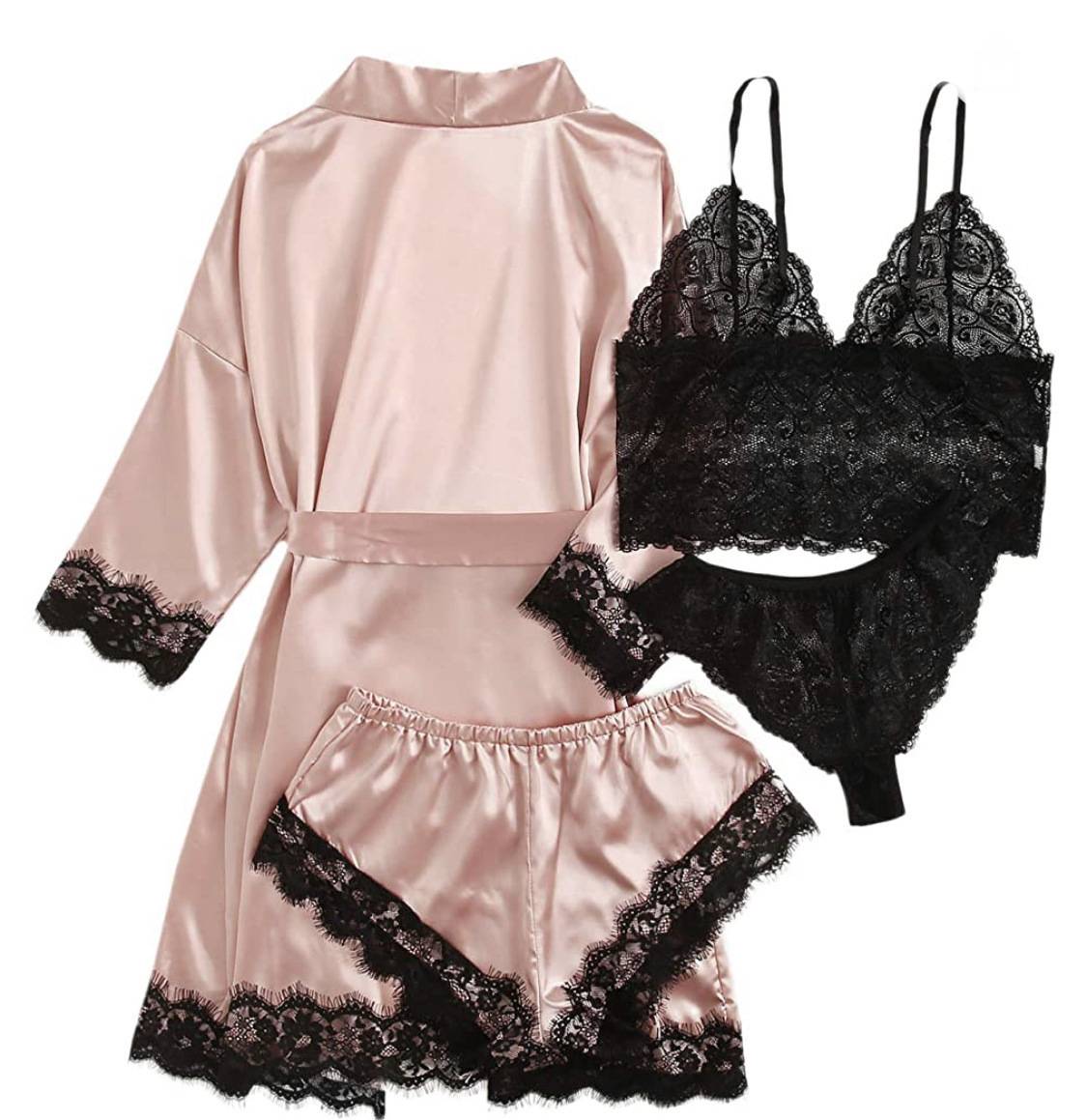 Bridal Silk 4 Piece Night Gown Set - Pink