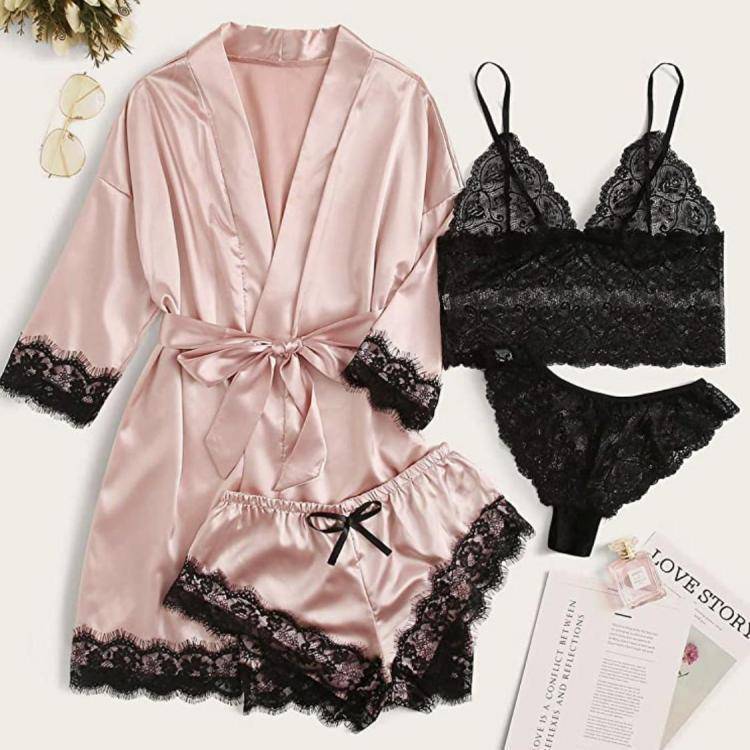 Bridal Silk 4 Piece Night Gown Set - Pink