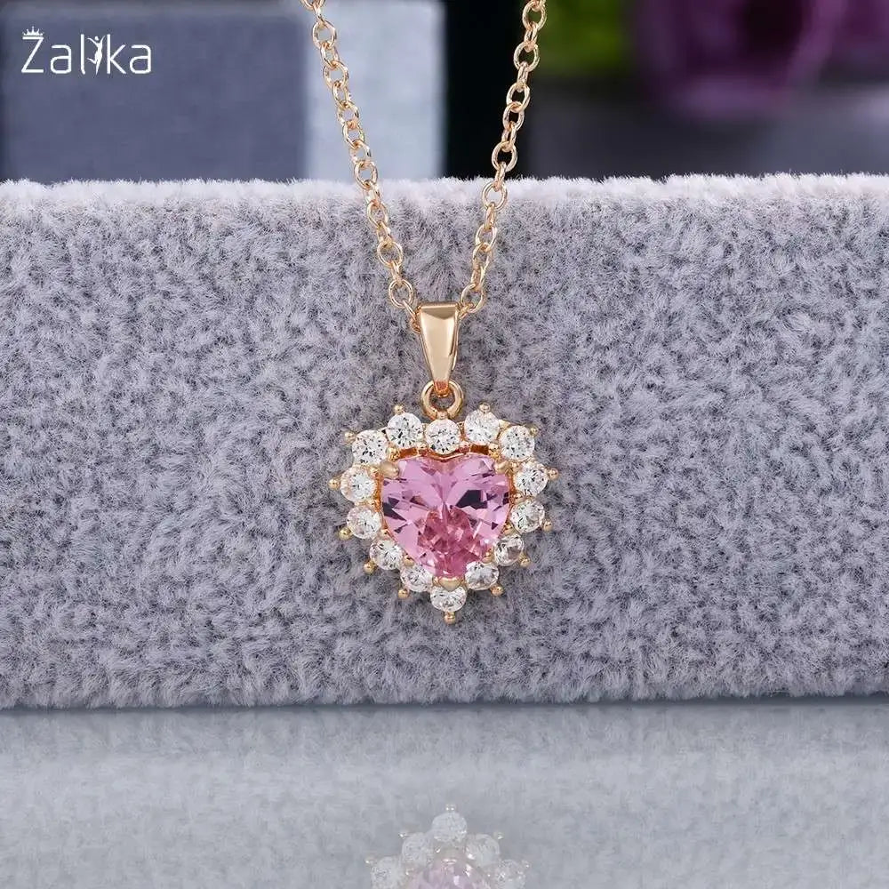 Pink Crystal Heart Shape Pendant Necklace