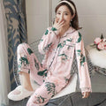 Floral Ladies Pajama Set - Pink With Green Leaf