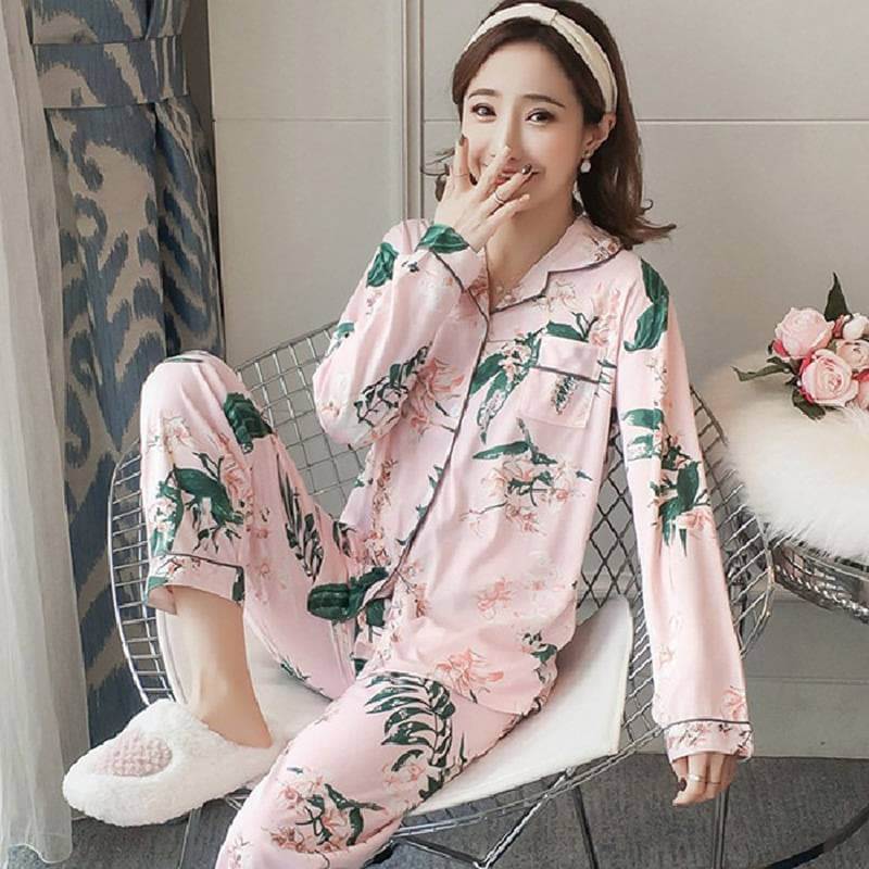 Floral Ladies Pajama Set - Pink With Green Leaf