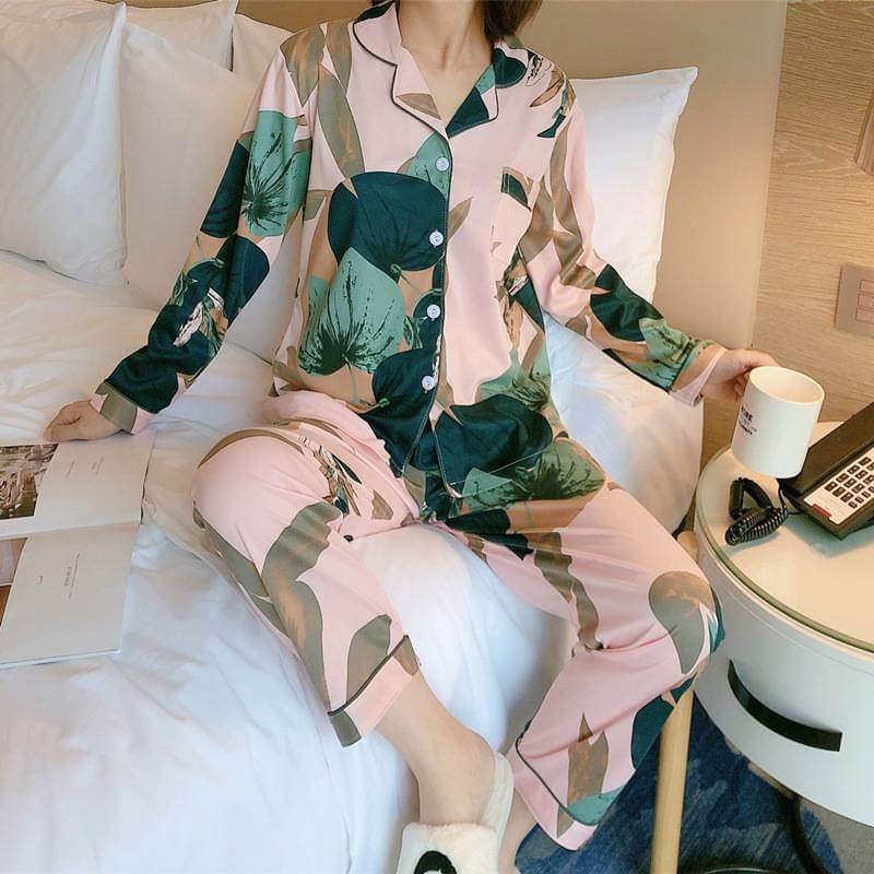 Floral Ladies Pajama Set - Pink With Teal Leaf
