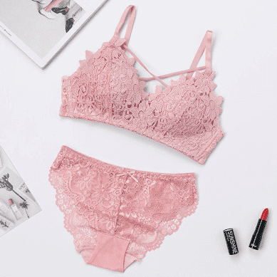 Lace Wire Free Bra & Panty Set - Pink