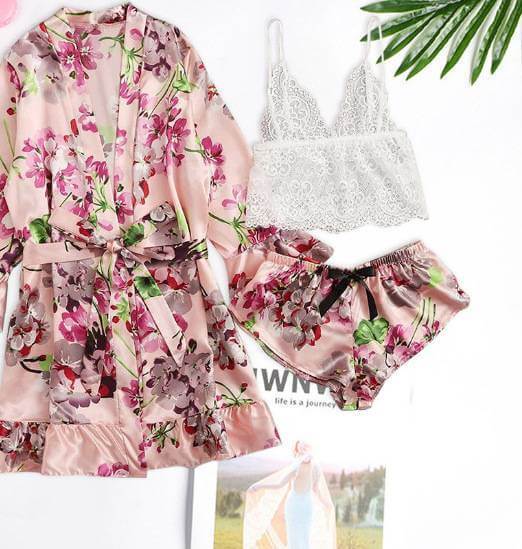 Silk Floral Gown 3 Piece Set - Pink