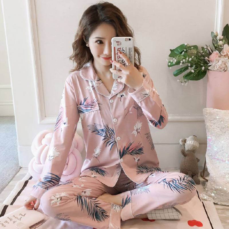Floral Ladies Pajama Set - Pink with Palm Leaf