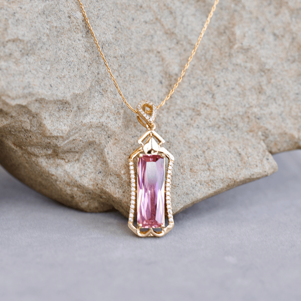 Rectangle Big Zircon Pendant with Chain