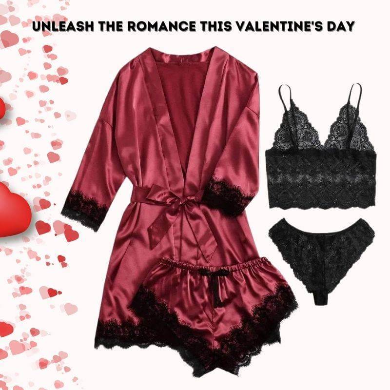 Bridal Silk 4 Piece Night Gown Set - Red