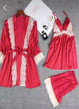 Bridal Silk Gown 3 Piece Set - Red