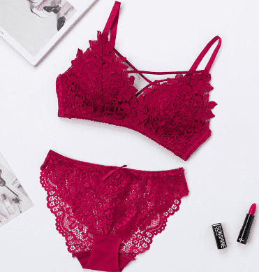 Lace Wire Free Bra & Panty Set - Red