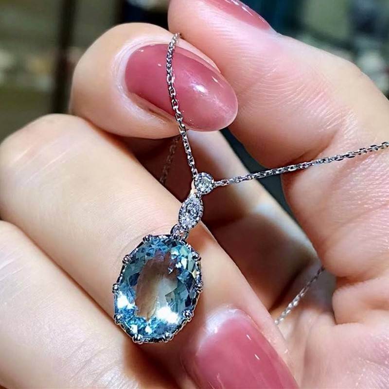 Sea Blue Crystal 925 Silver Plated Necklace